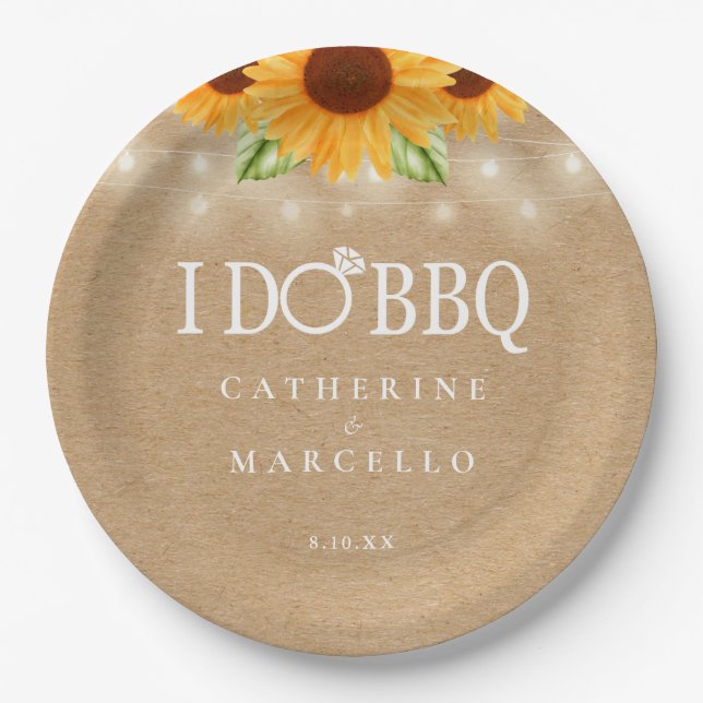 I Do BBQ Rustic Kraft Sunflower Engagement Party Paper Plate (Front)