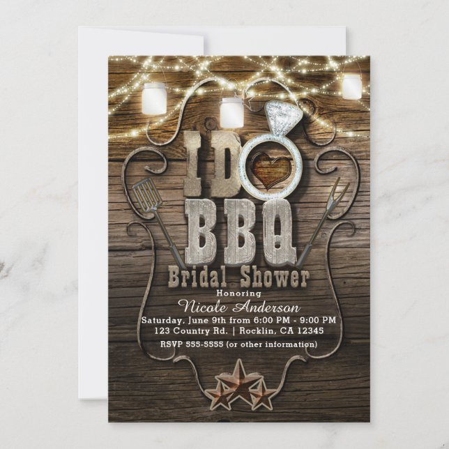 I DO BBQ Rustic Mason Jars & Lights BRIDAL SHOWER Invitation (Front)