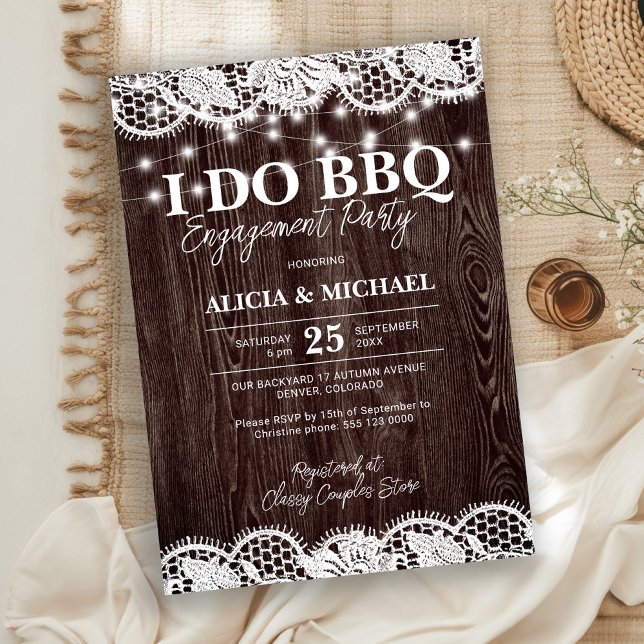 I DO BBQ rustic wood lace engagement party Invitation (Creator Uploaded)