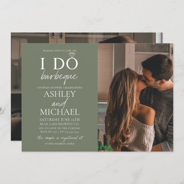 I Do BBQ Sage Green 2 Photo Simple Script Shower Invitation (Front/Back)