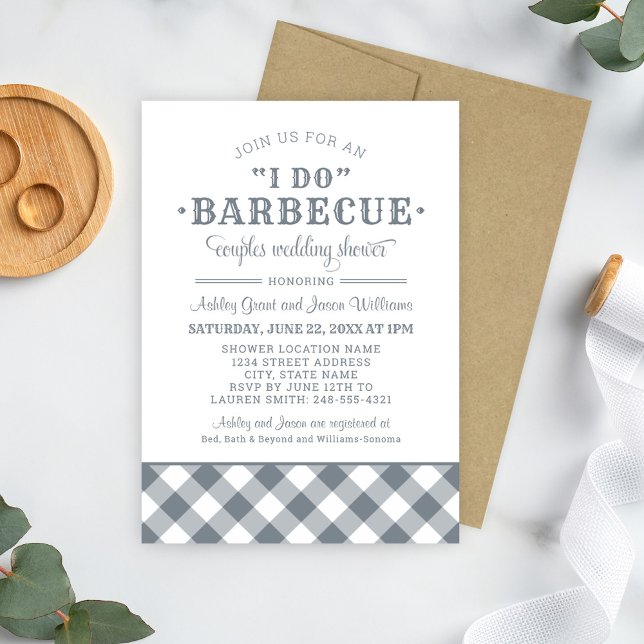 I Do BBQ Slate Gingham Wedding Couples Shower Invitation (Creator Uploaded)