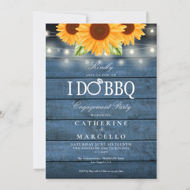 I Do BBQ Sunflower Blue Rustic Engagement Party Invitation (Front)