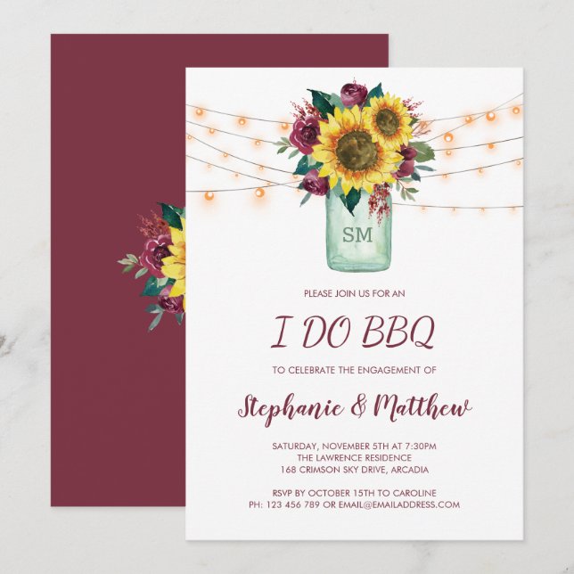 I Do BBQ Sunflower Burgundy Rose Lights Engagement Invitation (Front/Back)