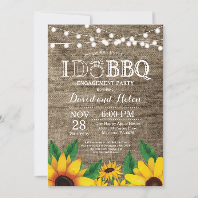 I DO BBQ Sunflower Engagement Party Burlap Invite (Front)