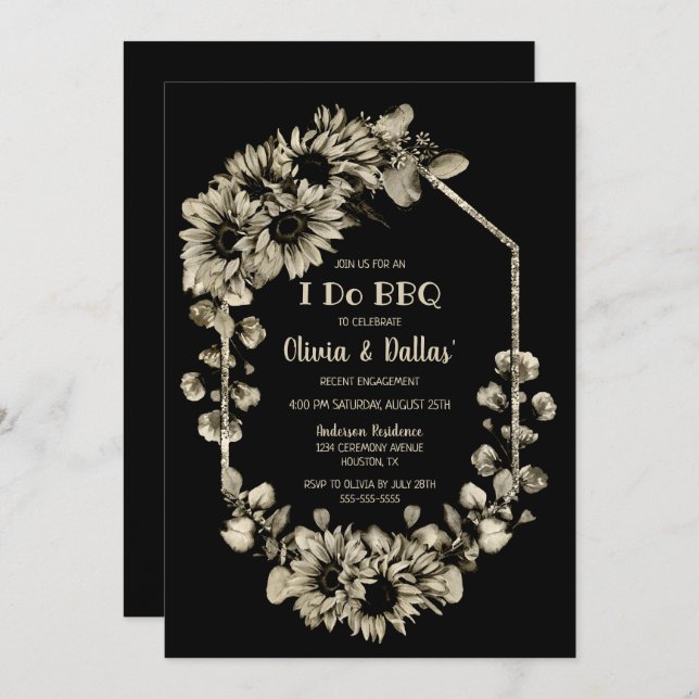 I Do BBQ Sunflower Floral Black Engagement Party Invitation (Front/Back)