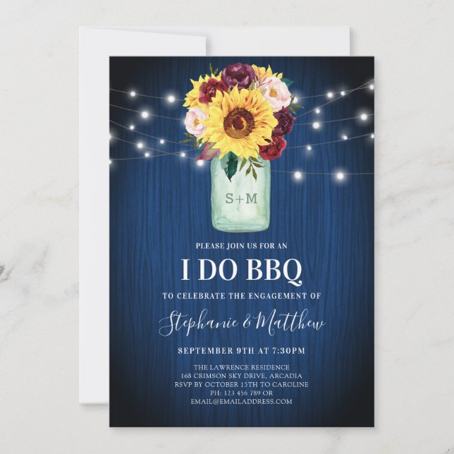 I Do BBQ Sunflower Mason Jar Blue Wood Lights Invitation (Front)