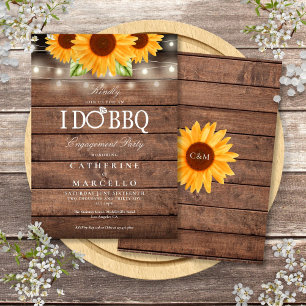 I Do BBQ Sunflower Rustic Wood Engagement Party Invitation