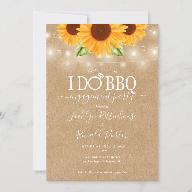 I Do BBQ Sunflower String Lights Rustic Engagement Invitation (Front)
