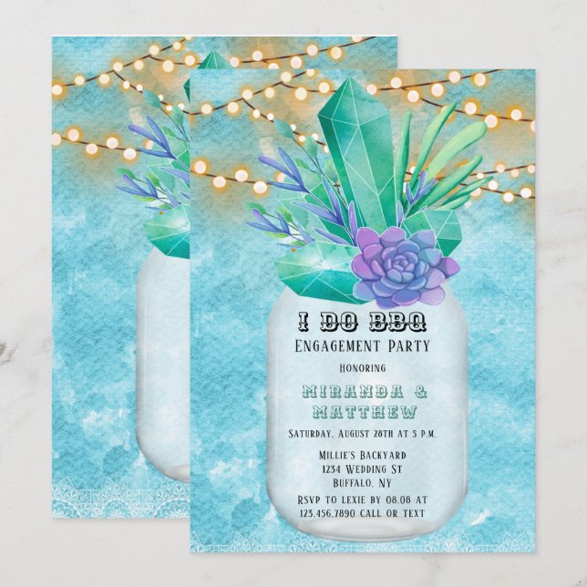 I Do BBQ Teal Lights Mason Jar Engagement Party Invitation (Front/Back)