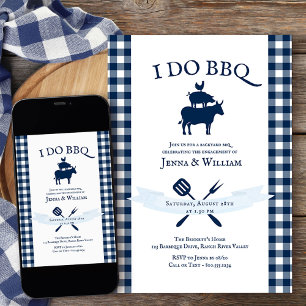 I Do BBQ Vintage Navy Blue Gingham Engagement Invitation