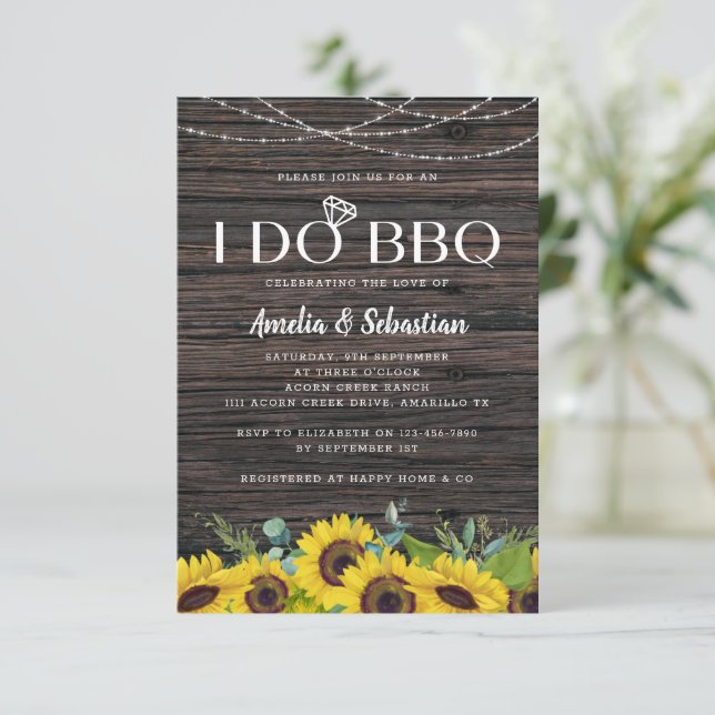 I Do BBQ Wood Lights Sunflower Bridal Shower Invitation (Standing Front)
