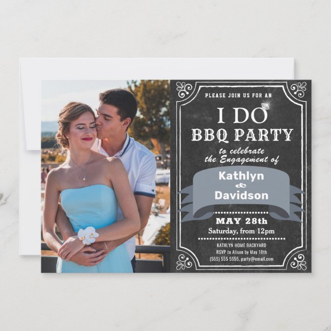 I DO Engagement 4 Photo Black Chalkboard BBQ Party Invitation (Front)