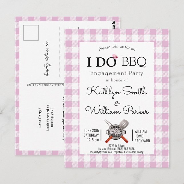I DO Engagement Cute Pink Plaid BBQ Invitation Postcard (Front/Back)