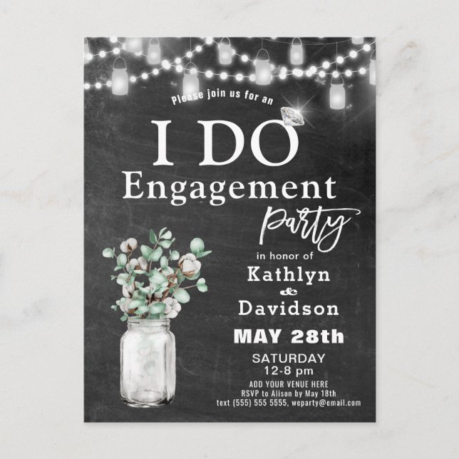 I DO Engagement Eucalyptus Floral Chalkboard Party Invitation Postcard (Front)