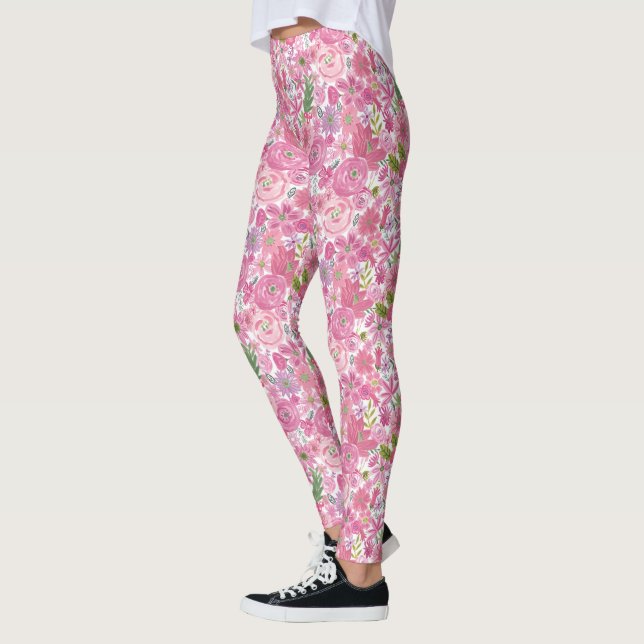 I Do Pink Watercolor Floral Pattern Leggings (Left)