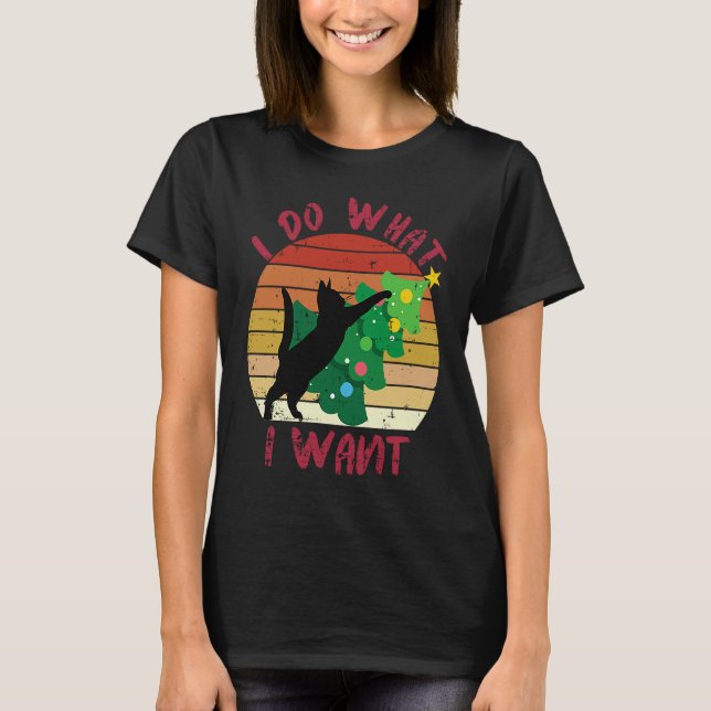 I Do What I Want Black Cat Christmas Tree Cat T-Shirt (Front)