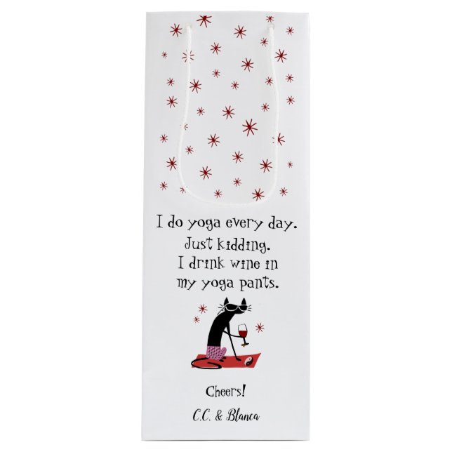 I Do Yoga Every Day Funny Quote with Cat Wine Gift Bag (Front)