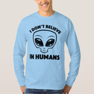 I Don’t Believe In Humans Cartoon Alien In Black T-Shirt