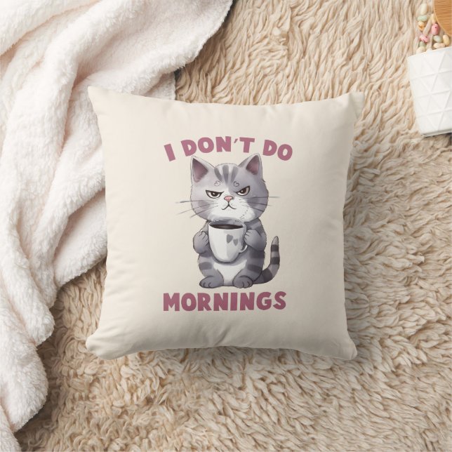 I Don’t Do Mornings – Grey Cat with Coffee Cushion (Blanket)
