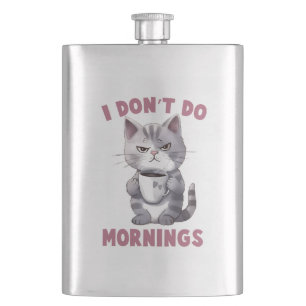 I Don’t Do Mornings – Grey Cat with Coffee Hip Flask