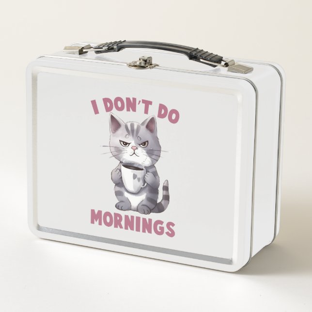I Don’t Do Mornings – Grey Cat with Coffee Metal Lunch Box (Front)