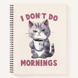 I Don’t Do Mornings – Grey Cat with Coffee Notebook