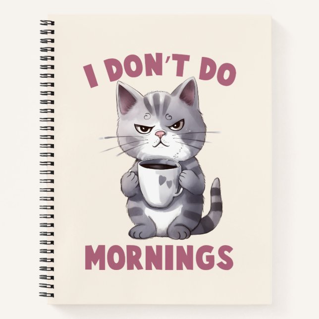 I Don’t Do Mornings – Grey Cat with Coffee Notebook (Front)