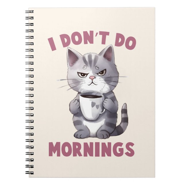 I Don’t Do Mornings – Grey Cat with Coffee Notebook (Front)