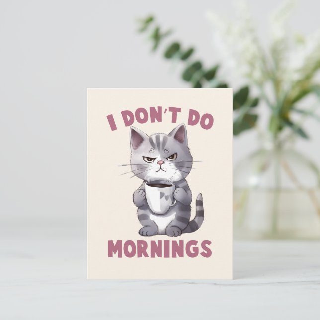 I Don’t Do Mornings – Grey Cat with Coffee Postcard (Standing Front)