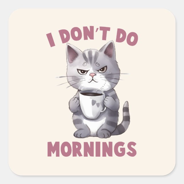 I Don’t Do Mornings – Grey Cat with Coffee Square Sticker (Front)