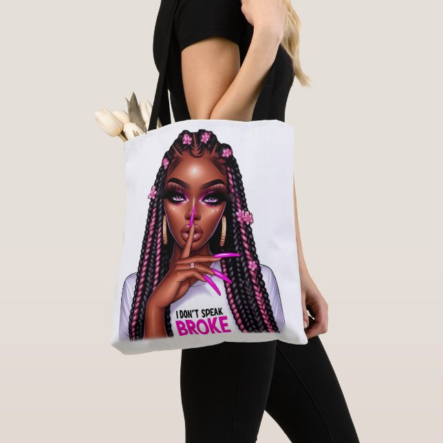 "I Don’t Speak Broke" Black Woman Shush Tote Bag (Close Up)