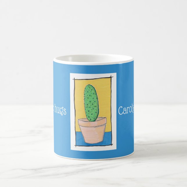 I don't do hugs, prickly cactus, on blue, named coffee mug (Center)