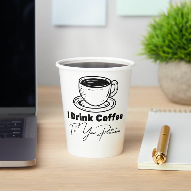 I Drink Coffee For Your Protection Tee Funny Retro Paper Cups (Insitu)