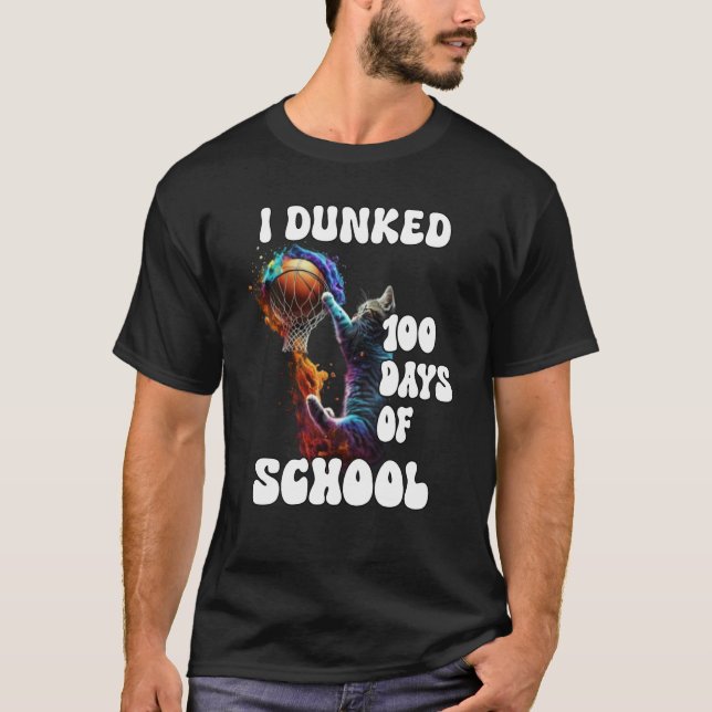 I Dunked 100 Days Of School Cat Basketball Groovy  T-Shirt (Front)