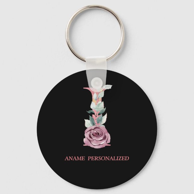 I Floral Monogram Name Letters Pink Agate Keychain (Front)
