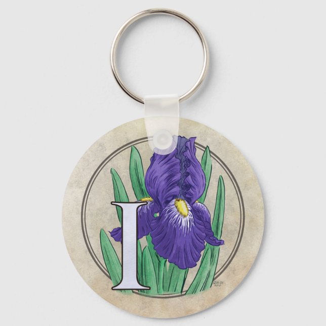 I for Iris Flower Monogram Key Ring (Front)