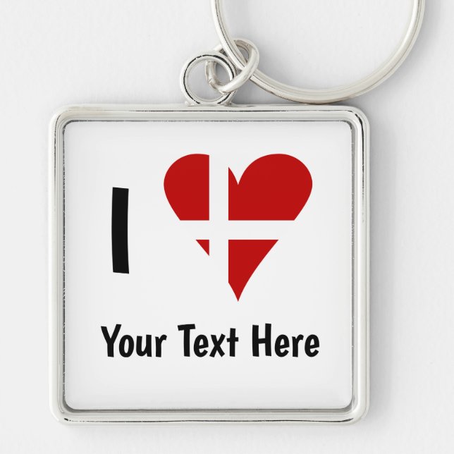 I (Funky Heart Shaped Danish Flag) Your Text Key Ring (Front)