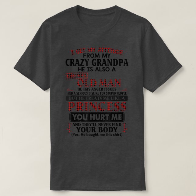 I Get My Attitude From My Crazy Grandpa Red Plaid  T-Shirt (Design Front)