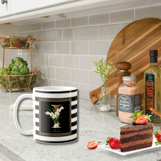 I Gold Floral Monogram | Black White Gold Stripes Coffee Mug (Creator Uploaded)