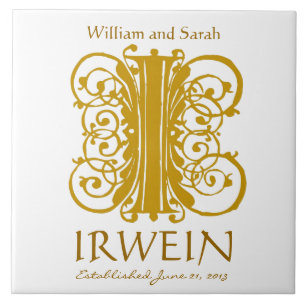 I Gold Monogram on White - Names Wedding Date Tile