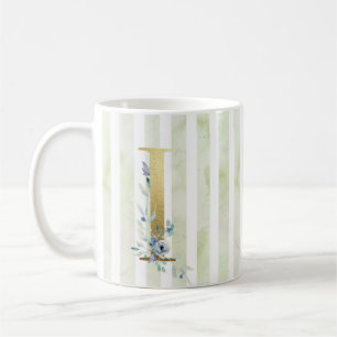 I  golden initial with on blue and white stripes coffee mug