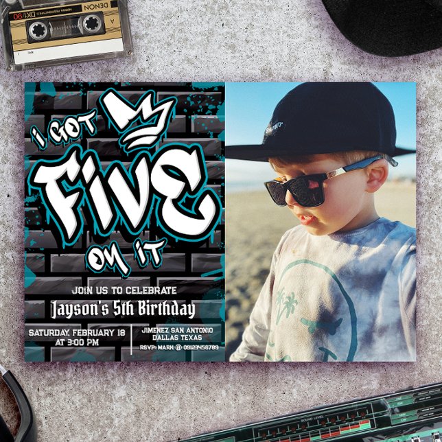 I got Five on it - Boy 5th Birthday with Picture Invitation (I Got Five on it - Boy 5th Birthday Landscape Invitation with Photo)