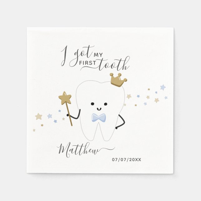 I got my first tooth Baby Boy Teething Date Squar Napkin (Front)