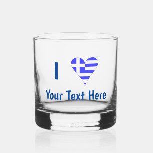 I (Greek Flag Funky Heart) Your Text Whiskey Glass