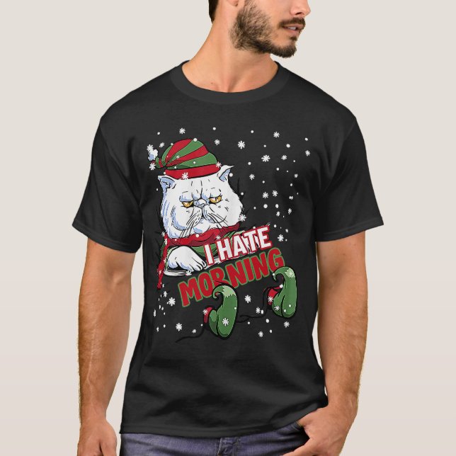 I Hate Morning Cat Kitten Angry Elf Cat Grumpy Kit T-Shirt (Front)
