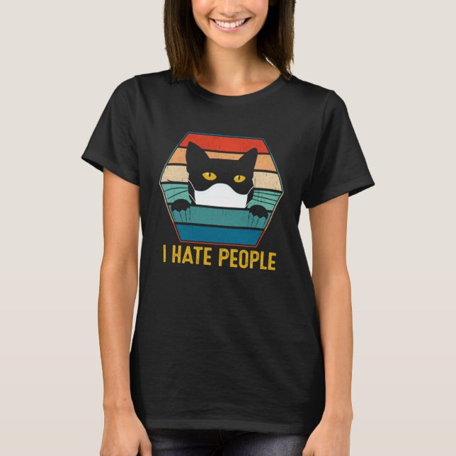 I Hate People Black Cat Wearing Face Mask Quaranti T-Shirt (Front)