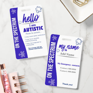 I Have Autism ID Personalized Autistic Name Badge