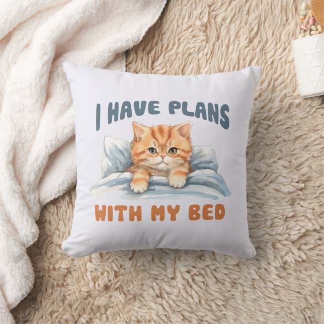 I Have Plans with My Bed – Cosy Orange Cat Cushion (Blanket)