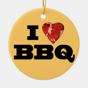 I heart BBQ, Steak Heart Shape Funny Grilling Ceramic Ornament