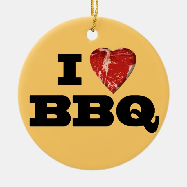 I heart BBQ, Steak Heart Shape Funny Grilling Ceramic Ornament (Front)